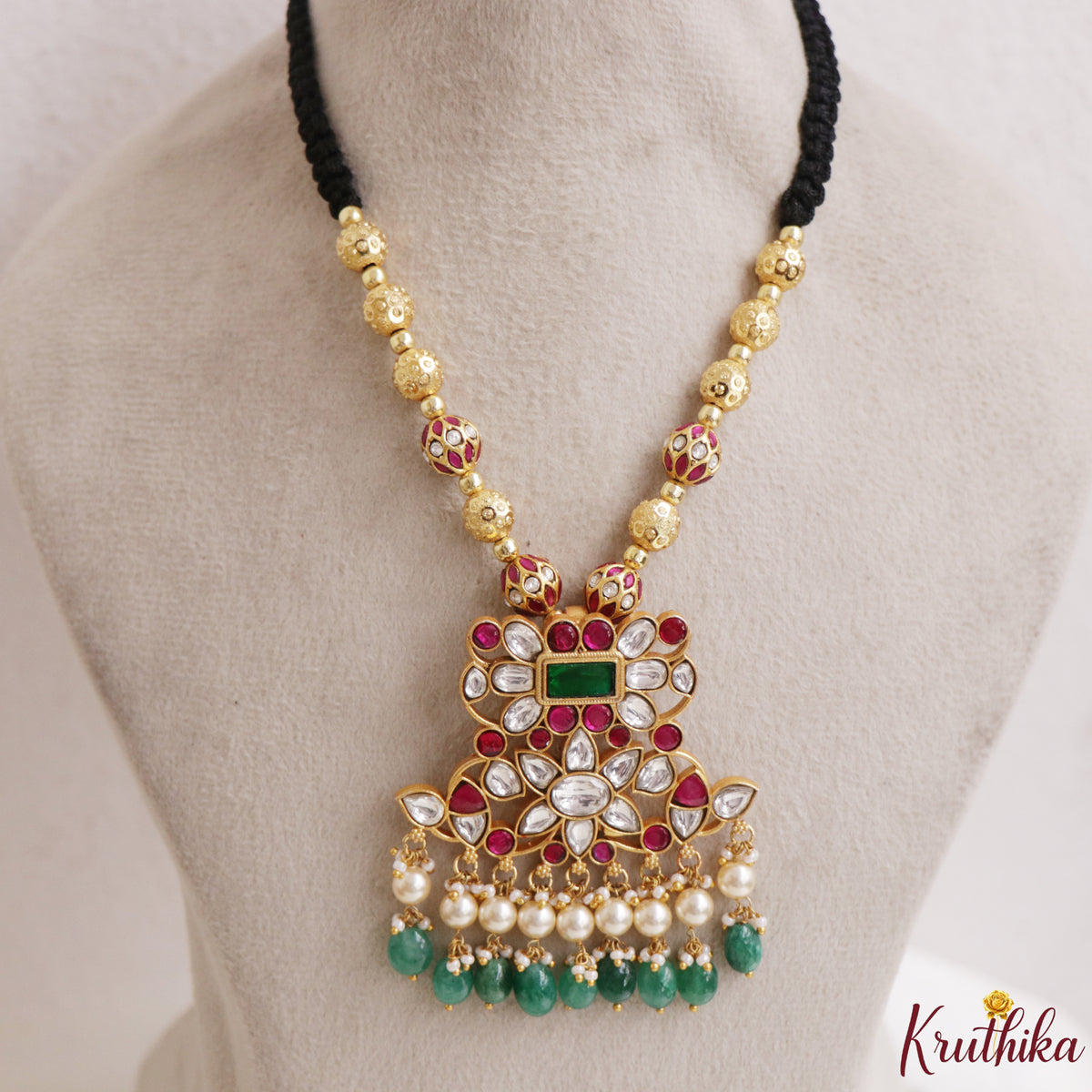 Beautiful Jadau Pendant Black Thread Necklace NC3316