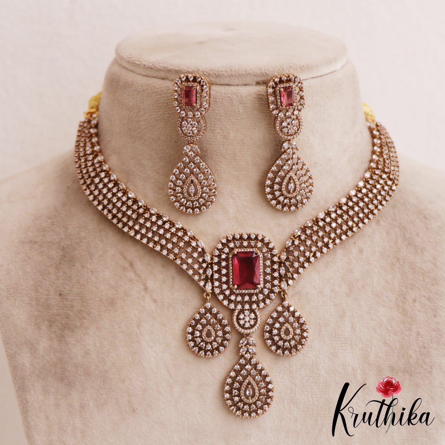 Gorgeous Teardrop Motifs Diamond-Finish Gold-Tone AD Victorian Necklace NC2824 (Available In 2 Colors)
