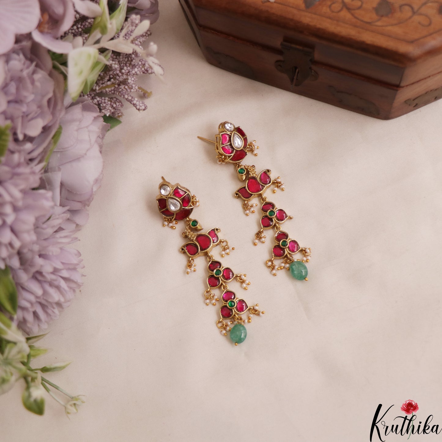 Classic Floral Peacock Motifs Jadau Earrings With Green Bead Drop E1144