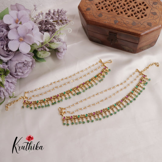 Elegant Jadau Pearl Drop Triple Layered Earchains EC142 (Available In 2 Colours)