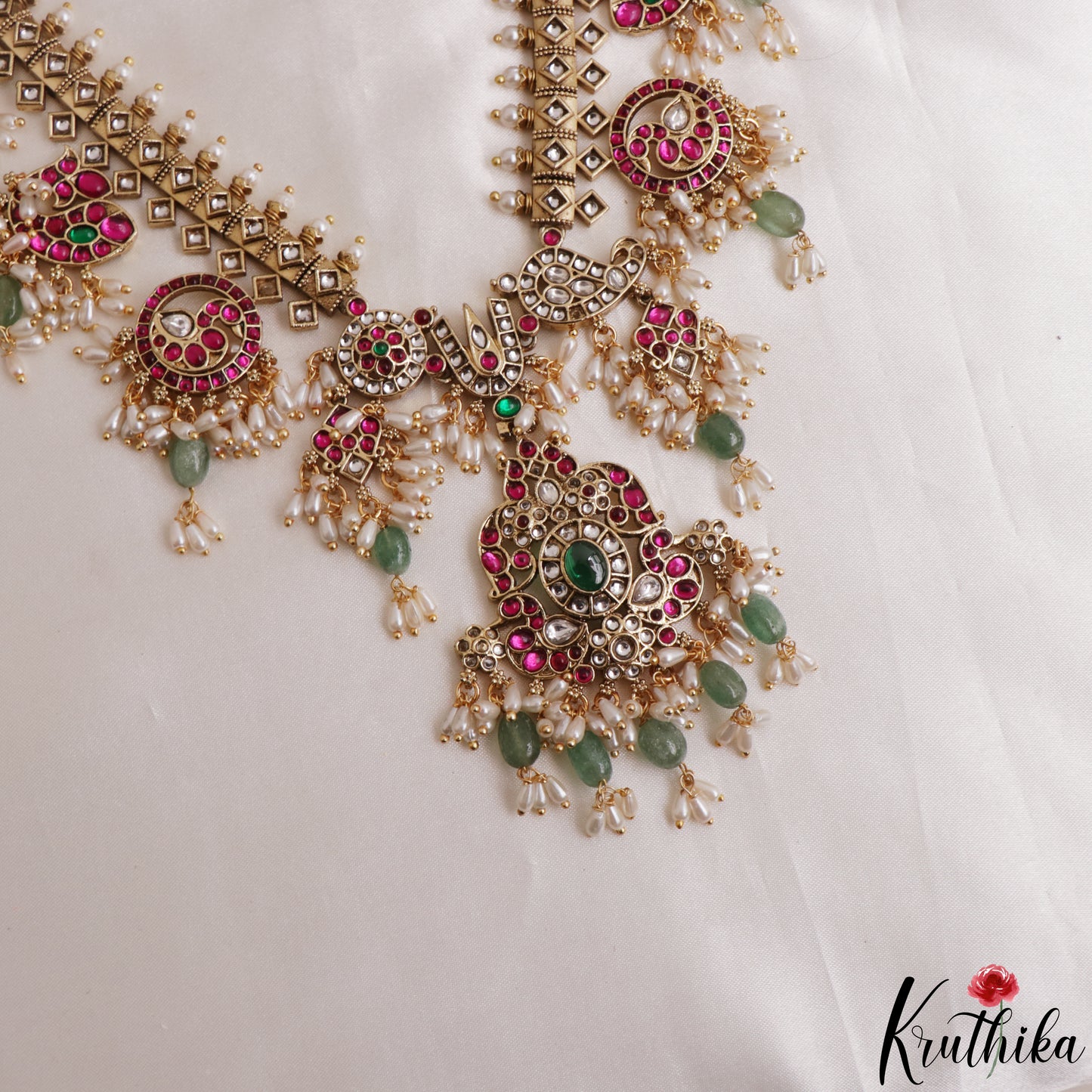 Premium Peacock Floral Motifs Guttapoosalu Jadau Haaram LH2172