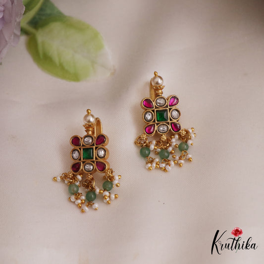 Beautiful Jadau Earcuffs | Upper Earrings | Bugadi Earrings With Pearl And Bead Drops E898