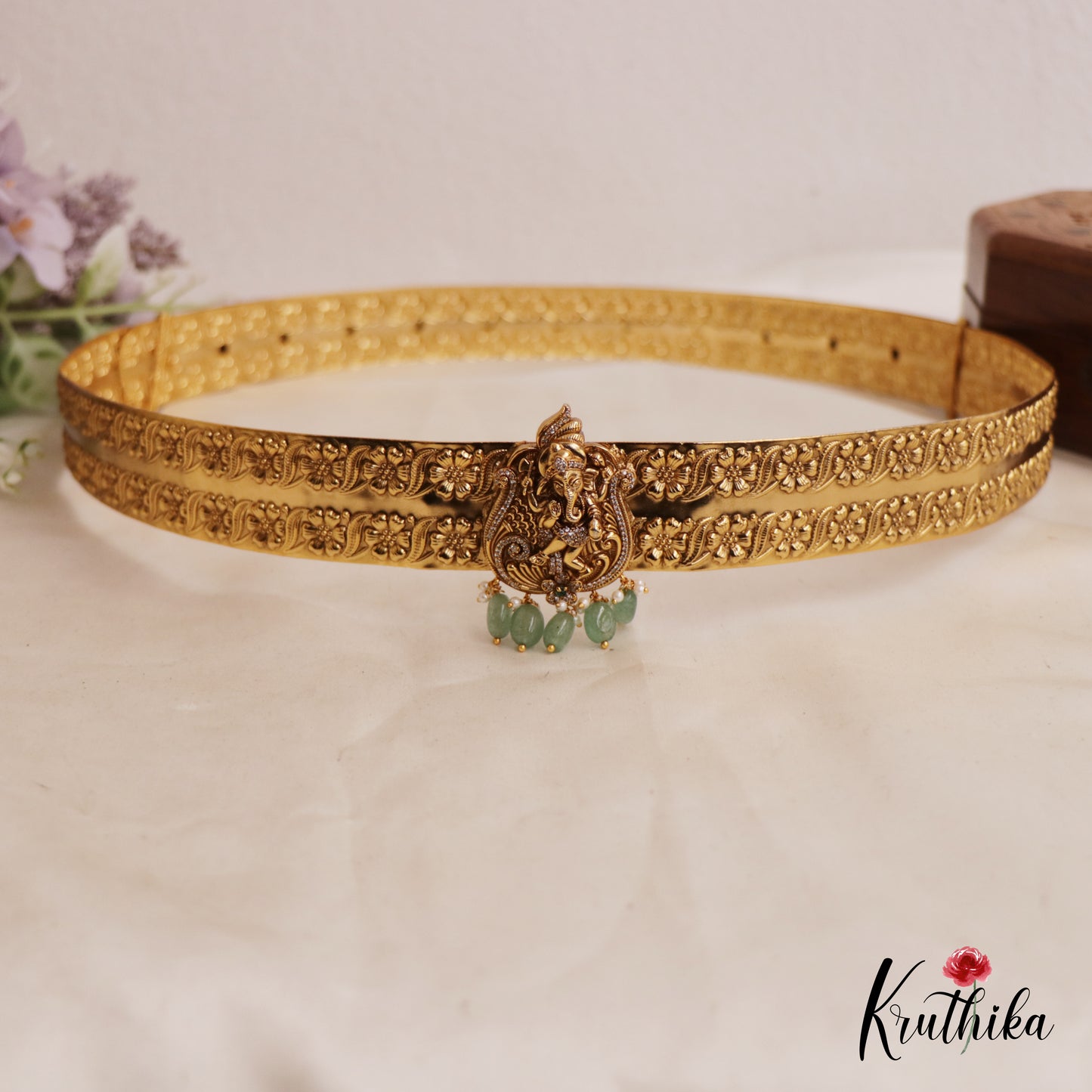 Elegant Antique Nagas Ganesha Hip Belt With Pearl And Bead Drops V323