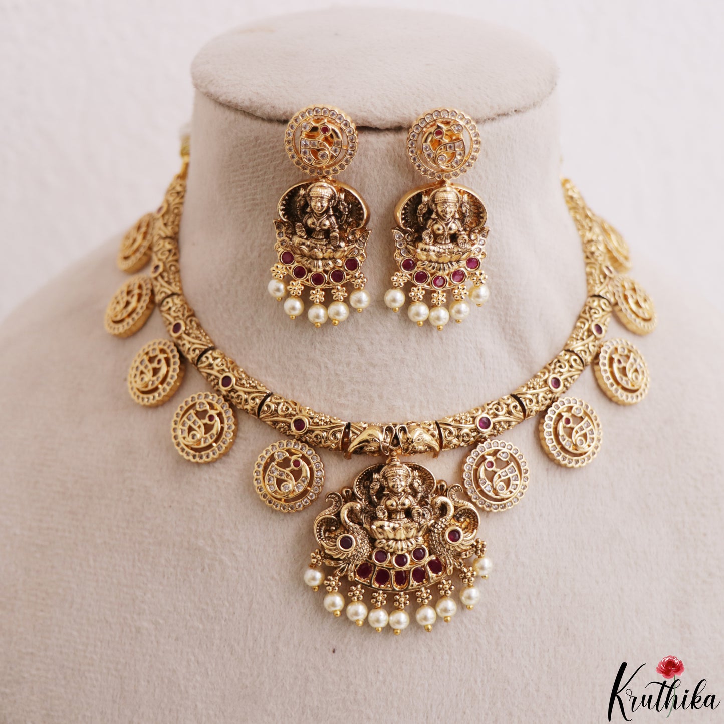 Traditional Antique Lakshmi Peacock Motifs Bottu Necklace With Pearl Drops NC3200 (Available In 2 Colors)
