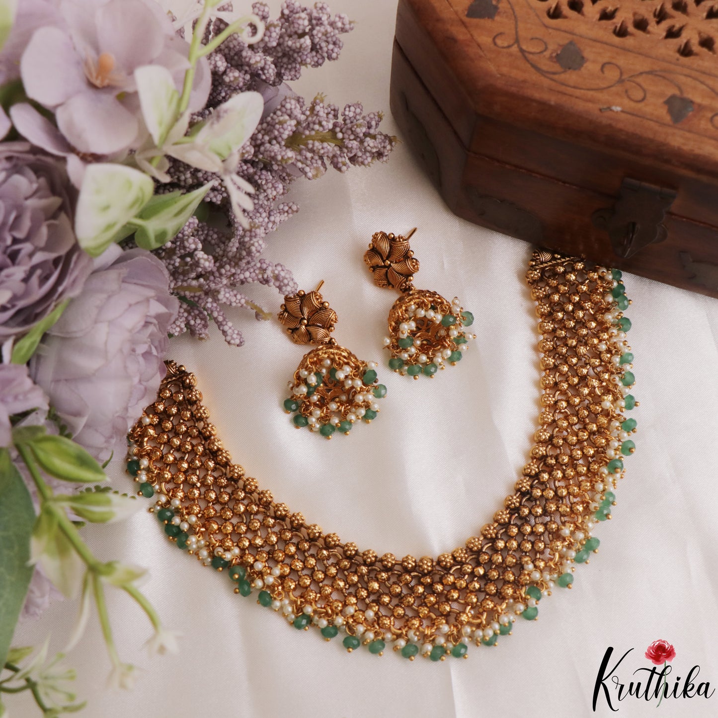 Trendy Antique Golden Bead Choker With Green Bead Drops NC3117