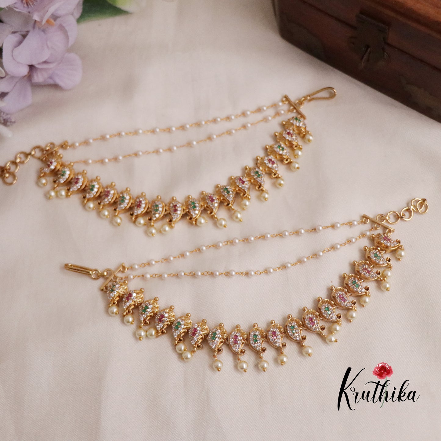 Classic Three Layer Multi Stone Earchains with Pearl Drop EC109