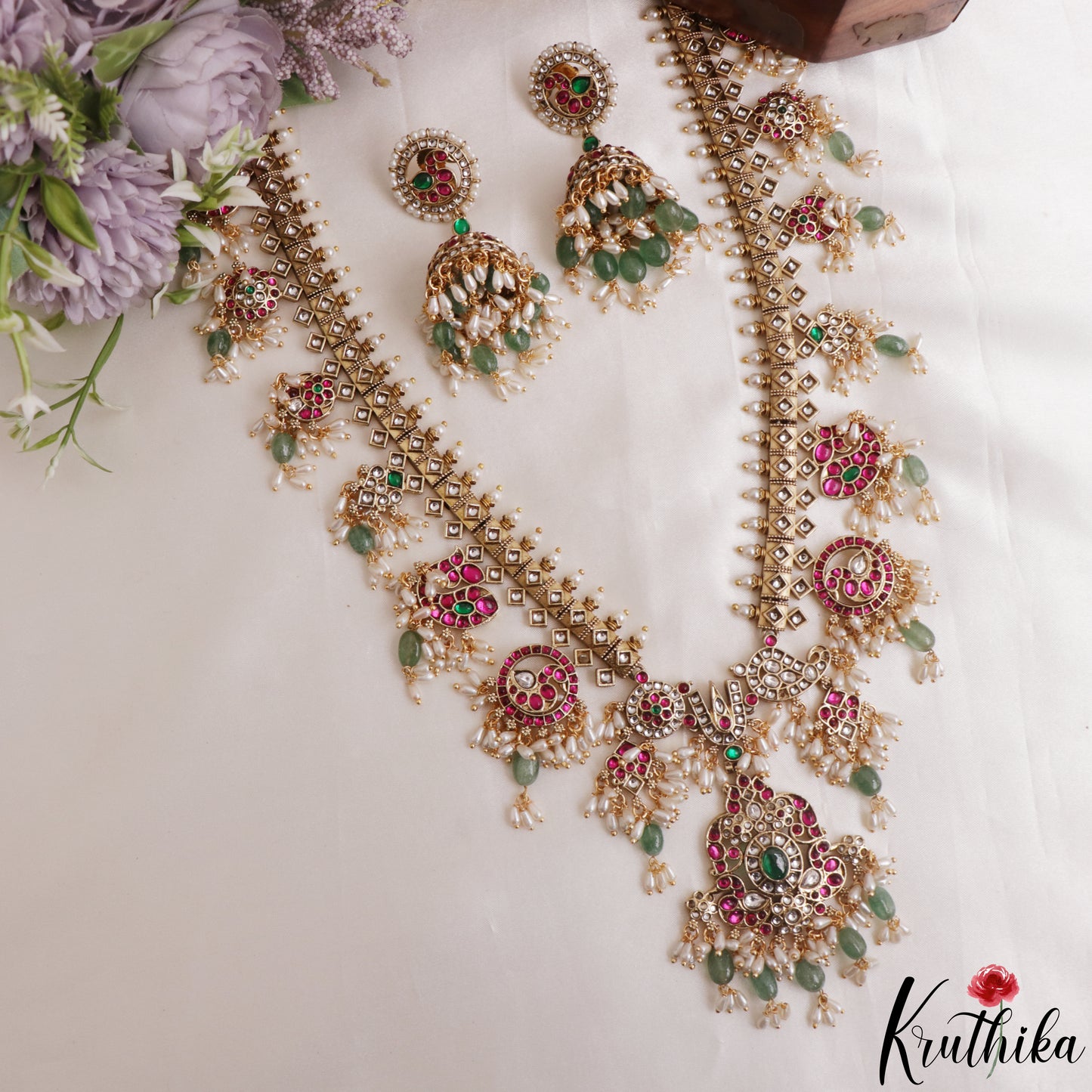 Premium Peacock Floral Motifs Guttapoosalu Jadau Haaram LH2172