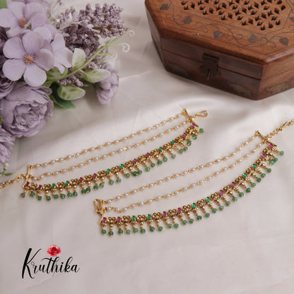 Elegant Jadau Pearl Drop Triple Layered Earchains EC142 (Available In 2 Colours)