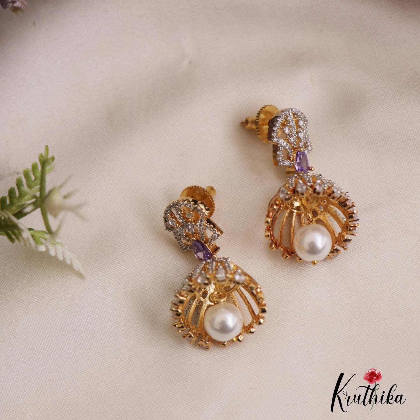 Trendy Gold-Tone AD Jhumkas With Pearl Drop E1108 (Available In 3 Colors)