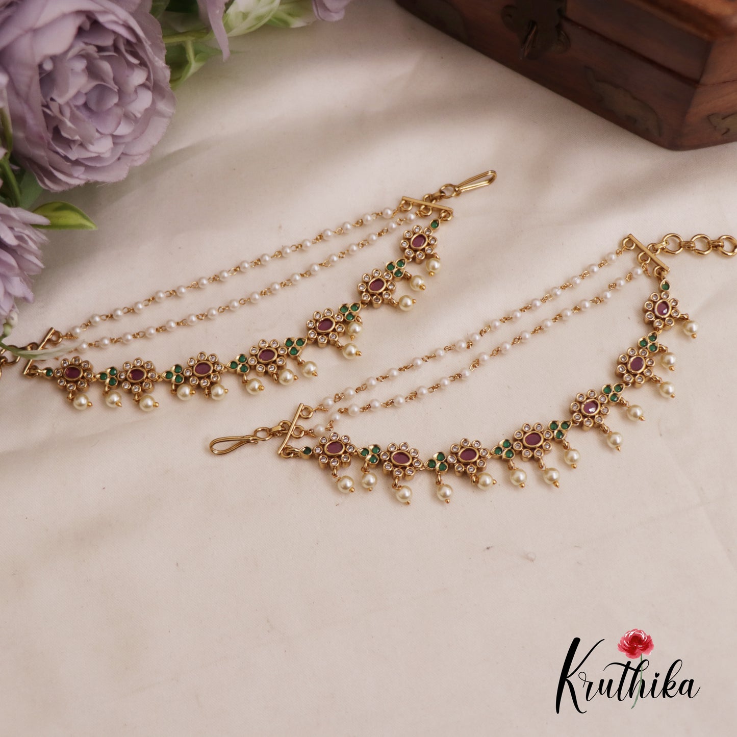 Beautiful Pearl Drop Kemp Floral With Multi Layered Earchains EC177