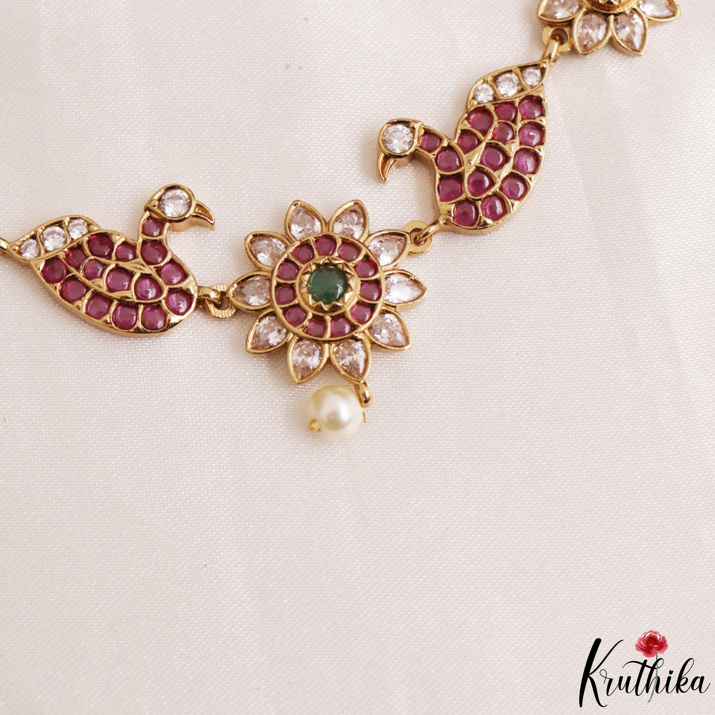 Elegant Peacock Floral Motifs Kemp Necklace With Pearl Drop NC3175