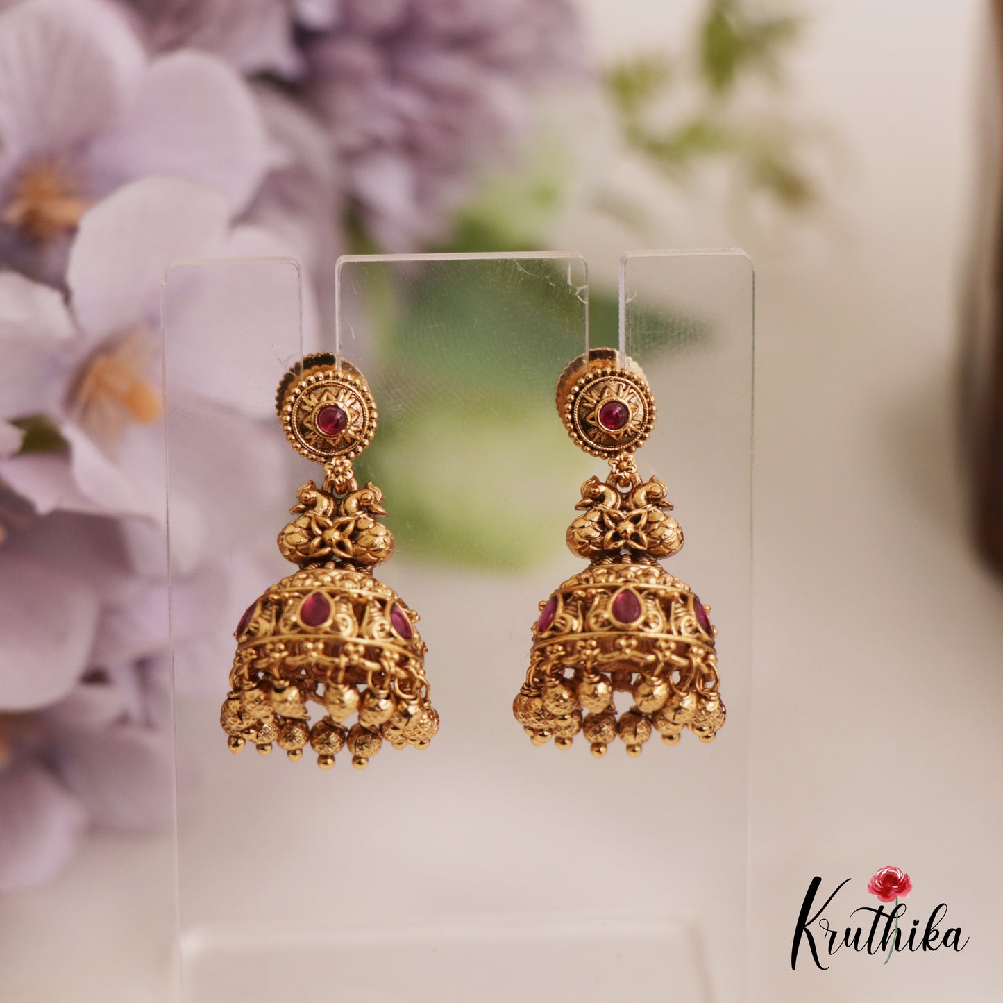 Elegant Antique Peacock Motifs Kemp Jhumka With Golden Bead Drops E984