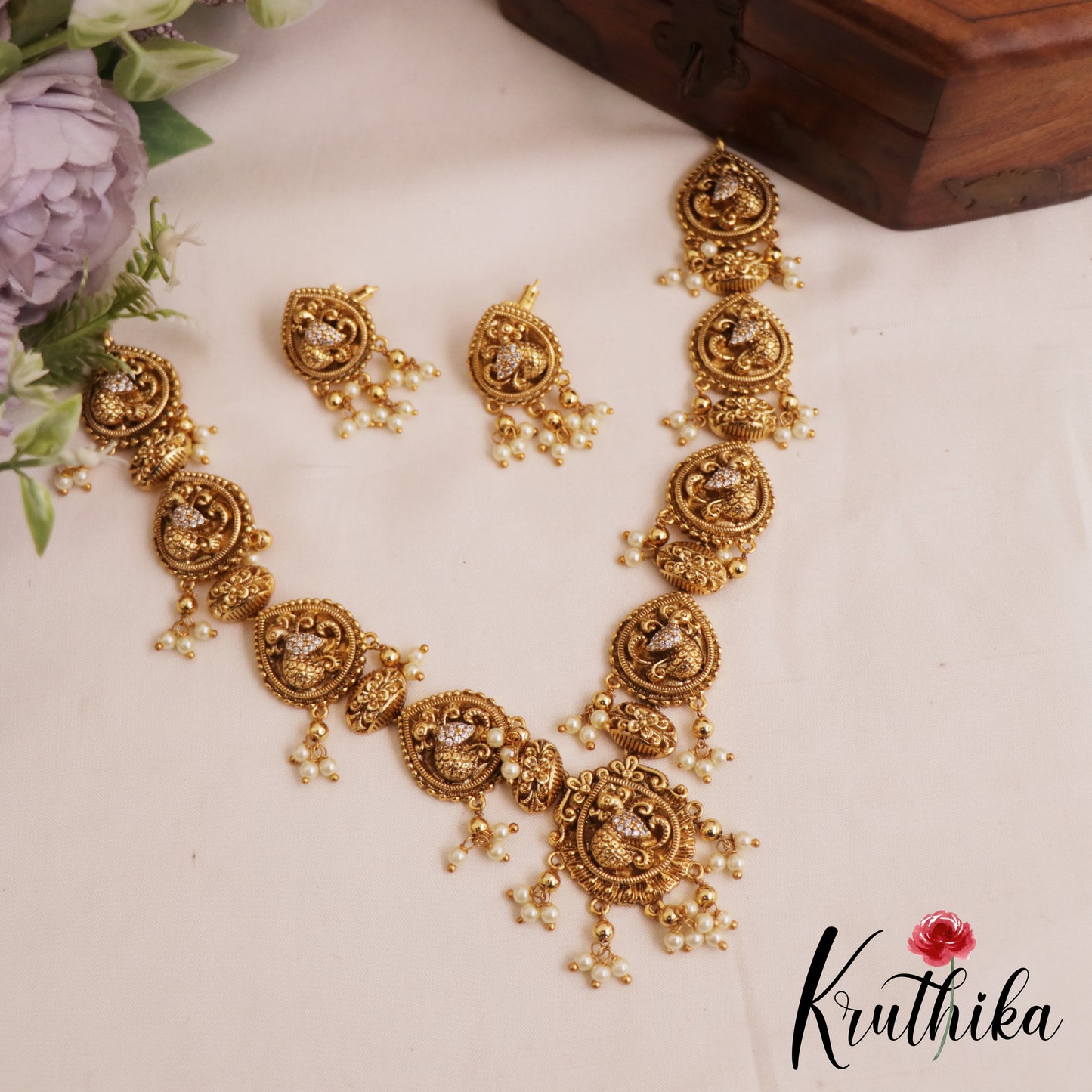 Elegant Antique Peacock Motifs Necklace With Pearl Drops NC2858
