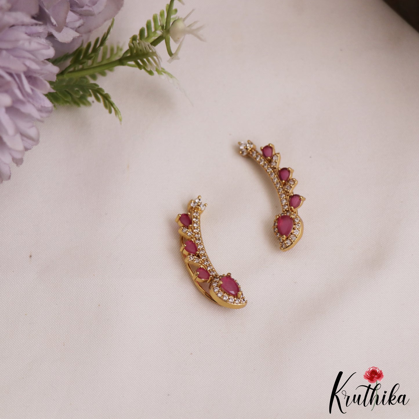 Beautiful Teardrop Motifs AD Coral Ear Climbers / Ear cuffs E1042 (Available In 3 Colors)