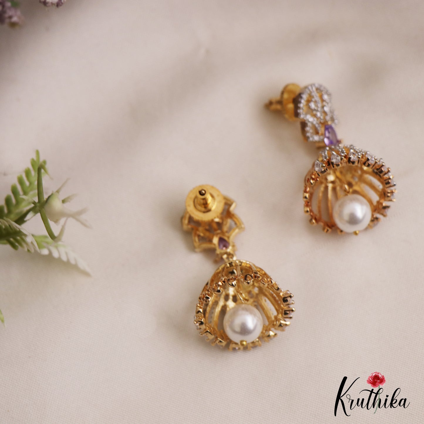 Trendy Gold-Tone AD Jhumkas With Pearl Drop E1108 (Available In 3 Colors)