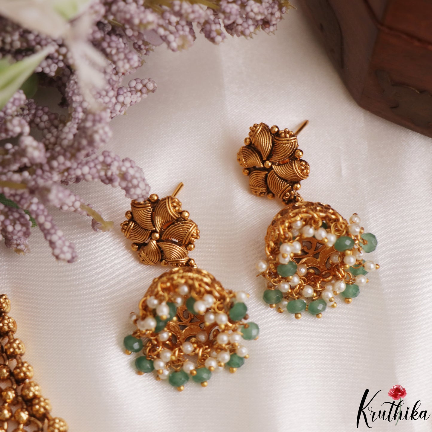 Trendy Antique Golden Bead Choker With Green Bead Drops NC3117