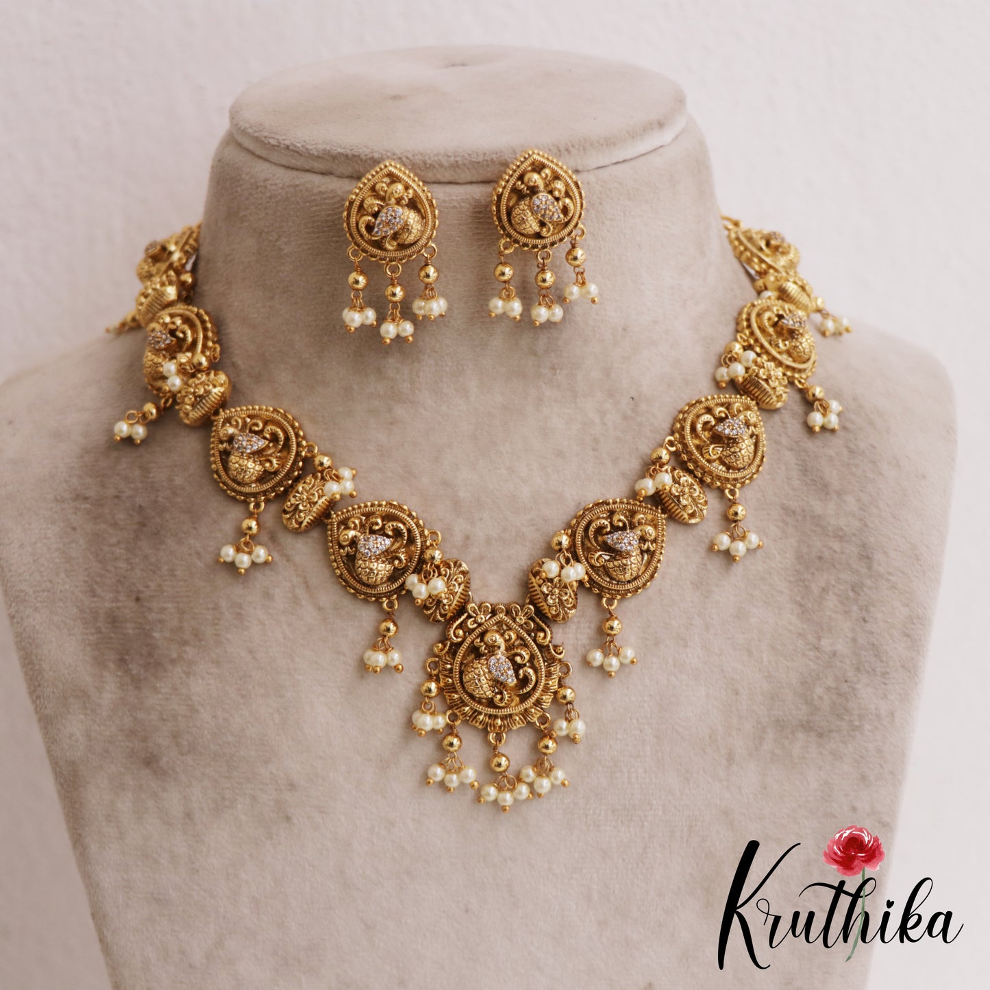Elegant Antique Peacock Motifs Necklace With Pearl Drops NC2858