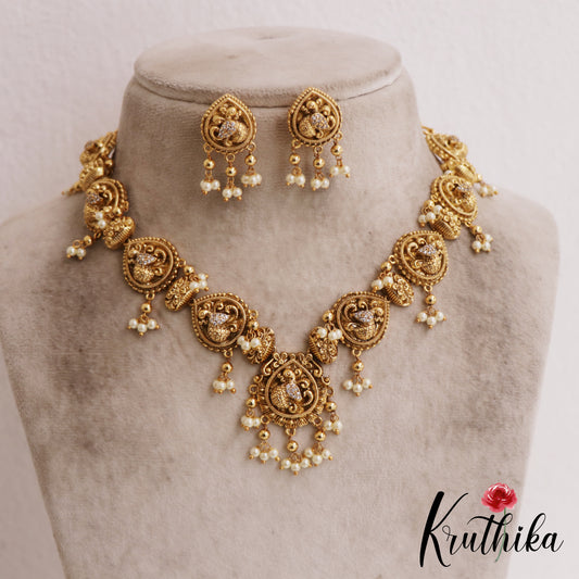 Elegant Antique Peacock Motifs Necklace With Pearl Drops NC2858
