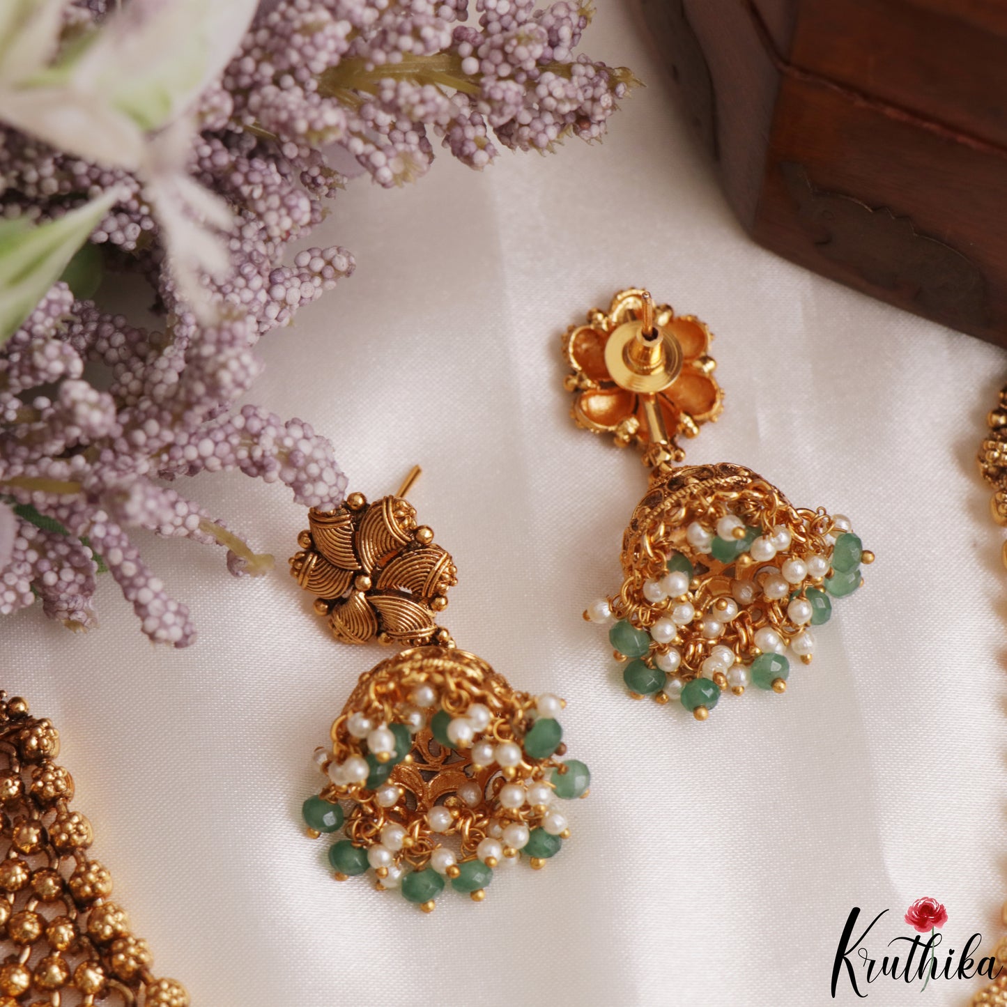 Trendy Antique Golden Bead Choker With Green Bead Drops NC3117