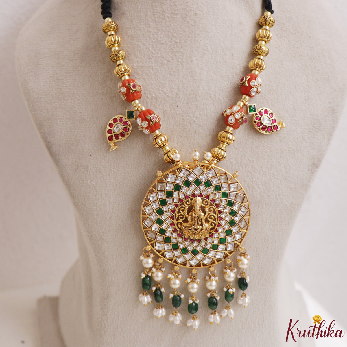 Pretty Lakshmi Jadau Pendant Black Thread Necklace NC3317