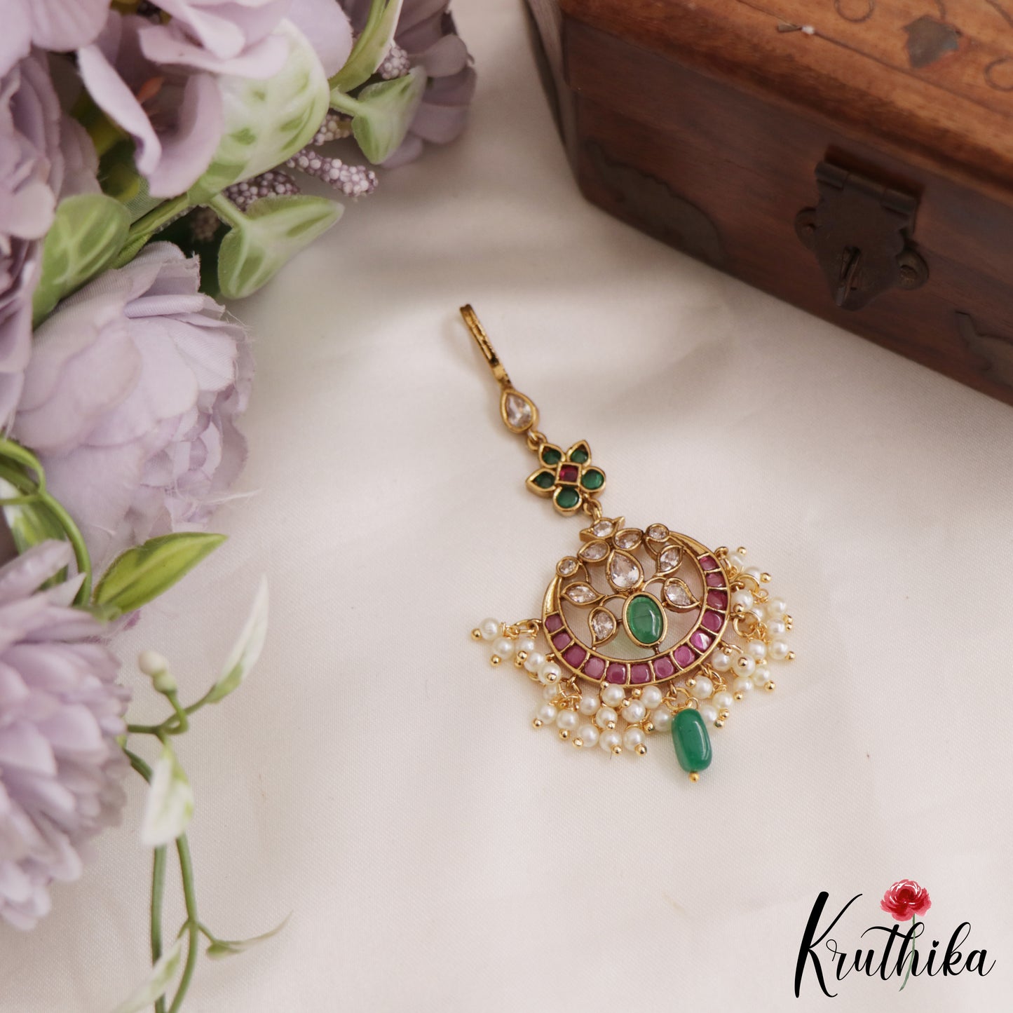 Beautiful Teardrop Motifs Jadau Maang Tikka With Pearl Drops MT345