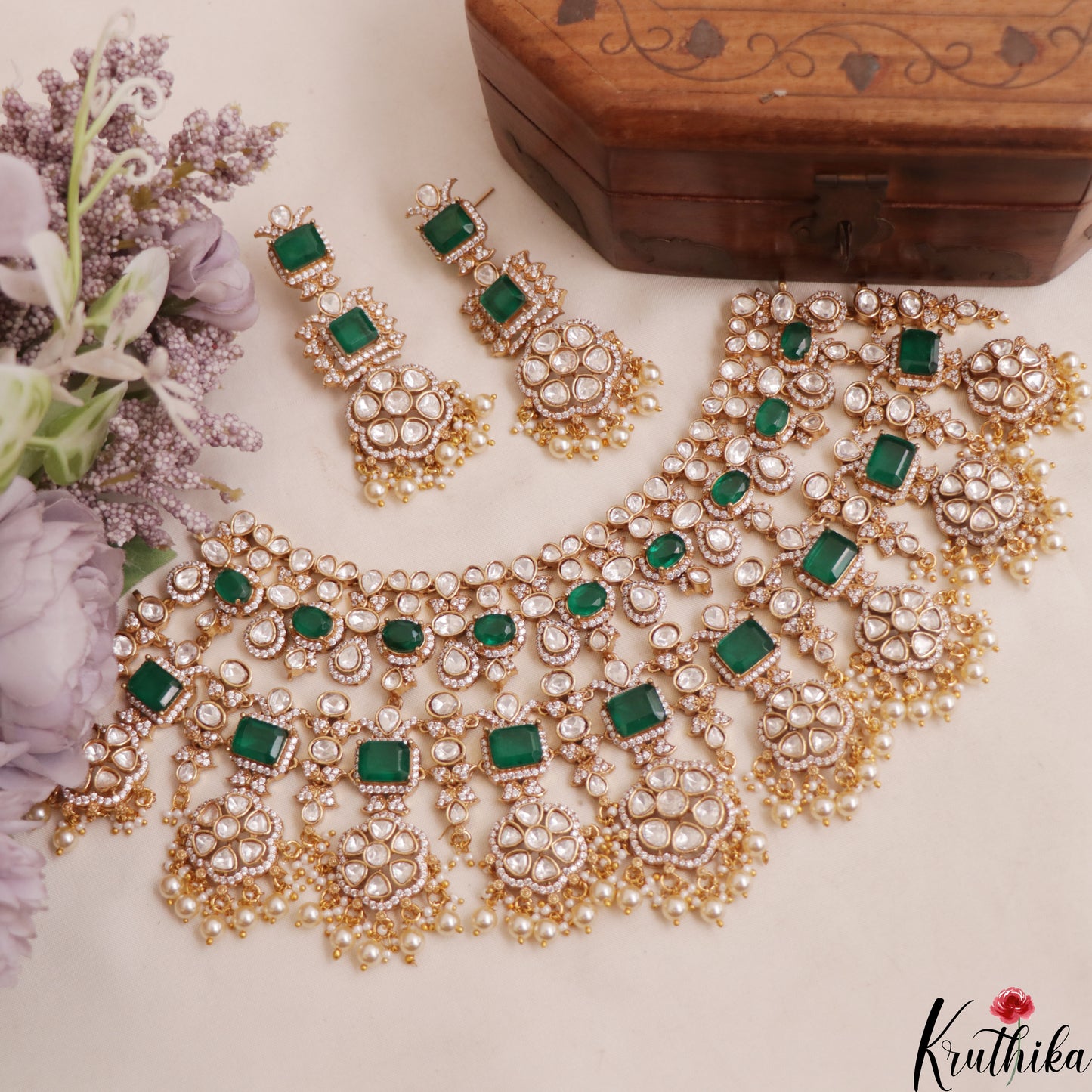 Grand Floral Motifs Polki Victorian Choker With Pearl Drops NC3019 (Available In 4 Colors)