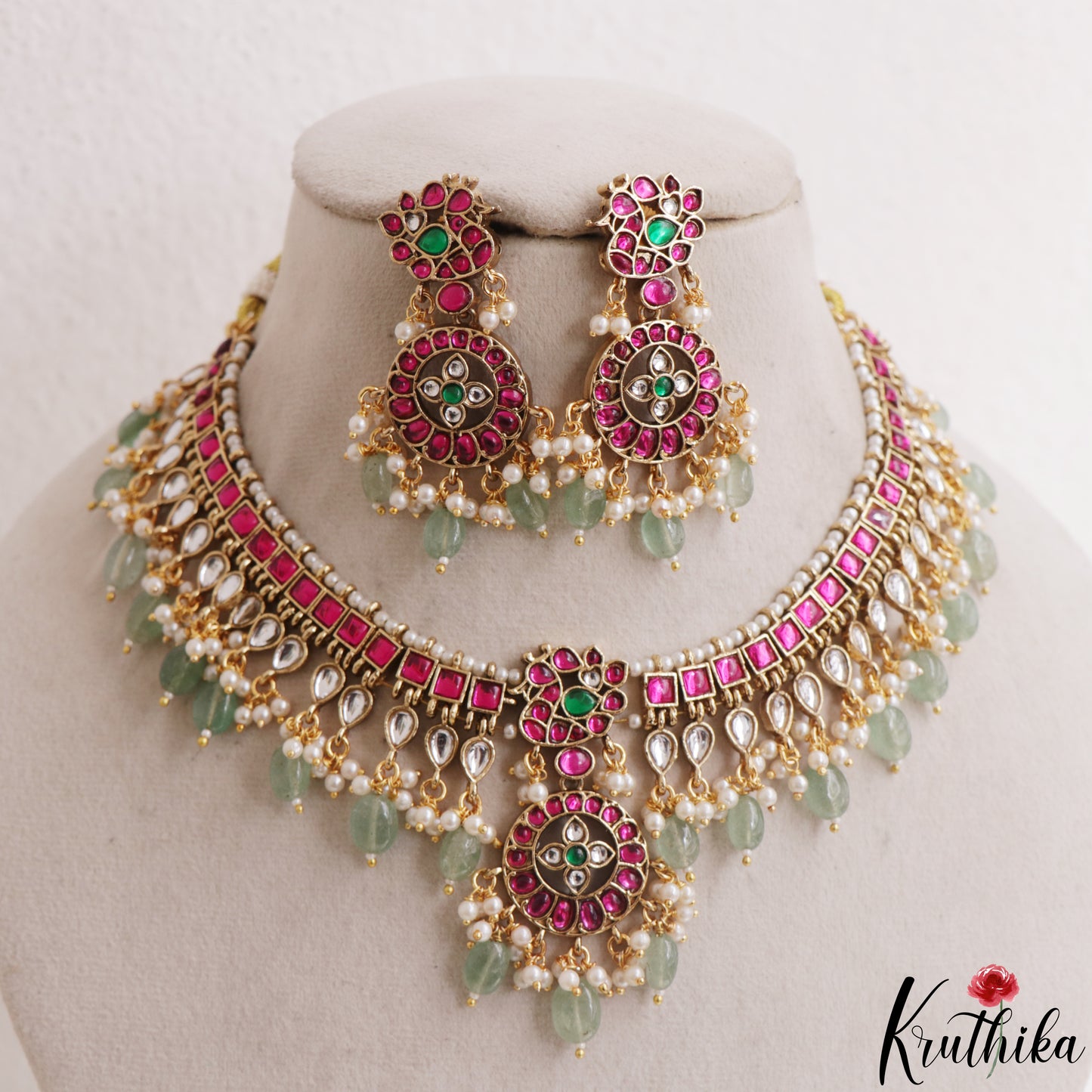 Classic Floral Peacock Motifs Jadau Choker With Green Bead Drops NC3147