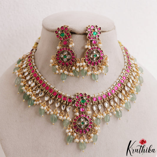 Classic Floral Peacock Motifs Jadau Choker With Green Bead Drops NC3147