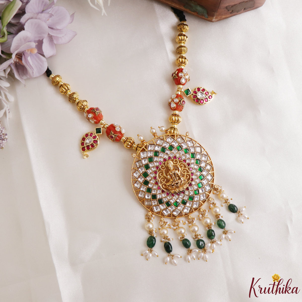 Pretty Lakshmi Jadau Pendant Black Thread Necklace NC3317