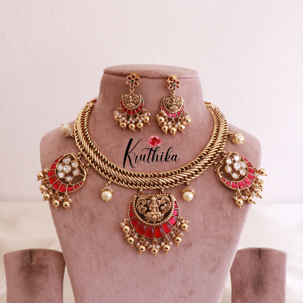 Elegant Jadau Lakshmi Jalebi style hasli Necklace NC1800 (Available in 2 Colours)