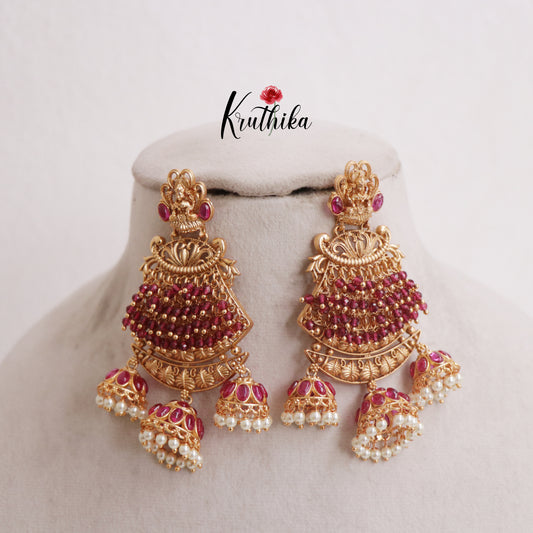 Gorgeous Lakshmi Motifs Jhumka Jadau Earrings With Bead And Pearl Drops E881