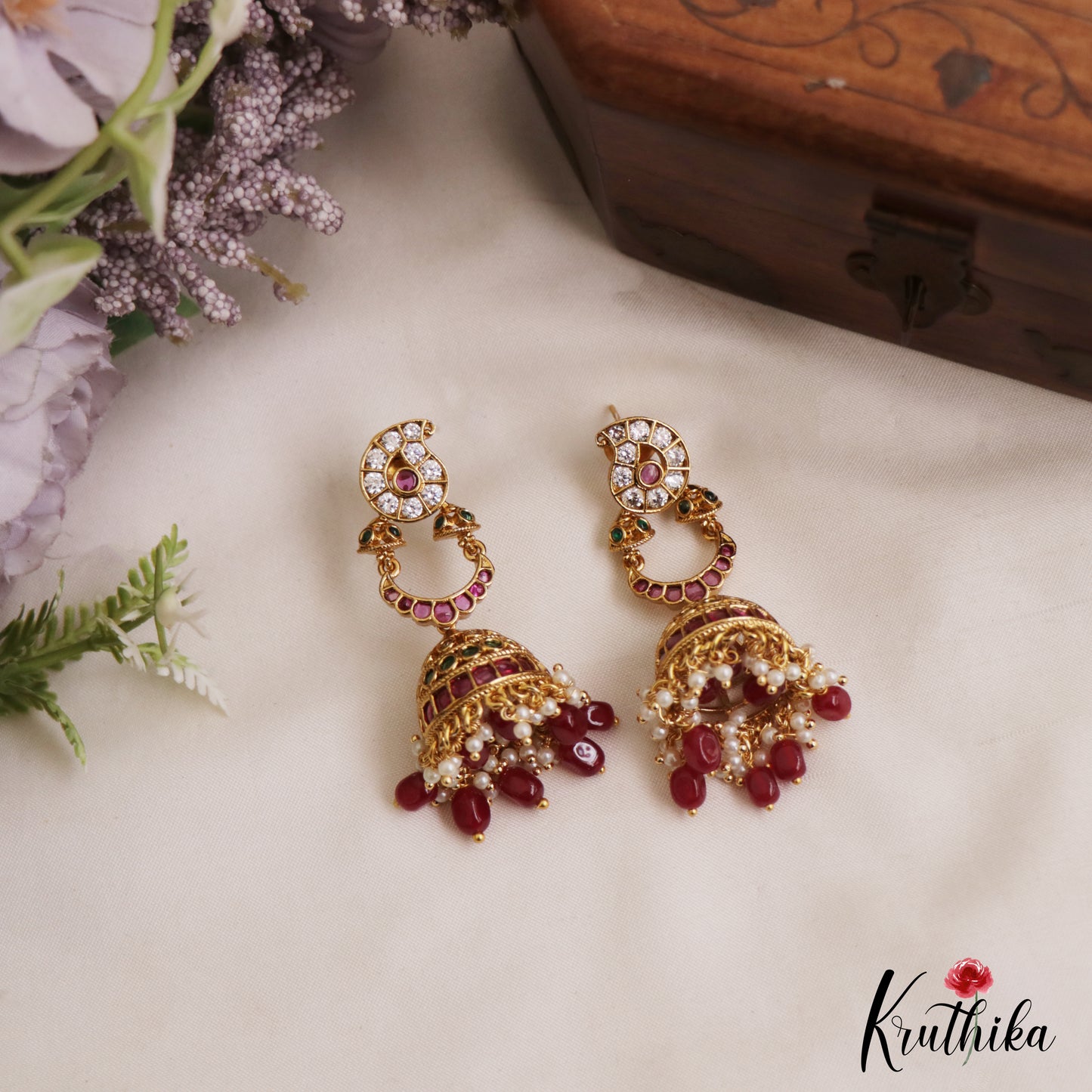 Beautiful Mango Motifs Kemp Jhumkas With Pearl Bead Drops E1104 (Available In 2 Colors)