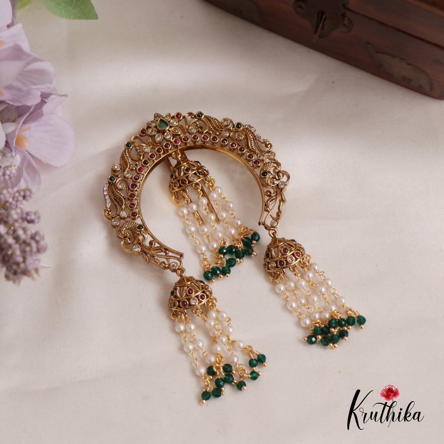 Beautiful Peacock Half Moon Shape Jhumka With Pearl Drops Jada Billa J258