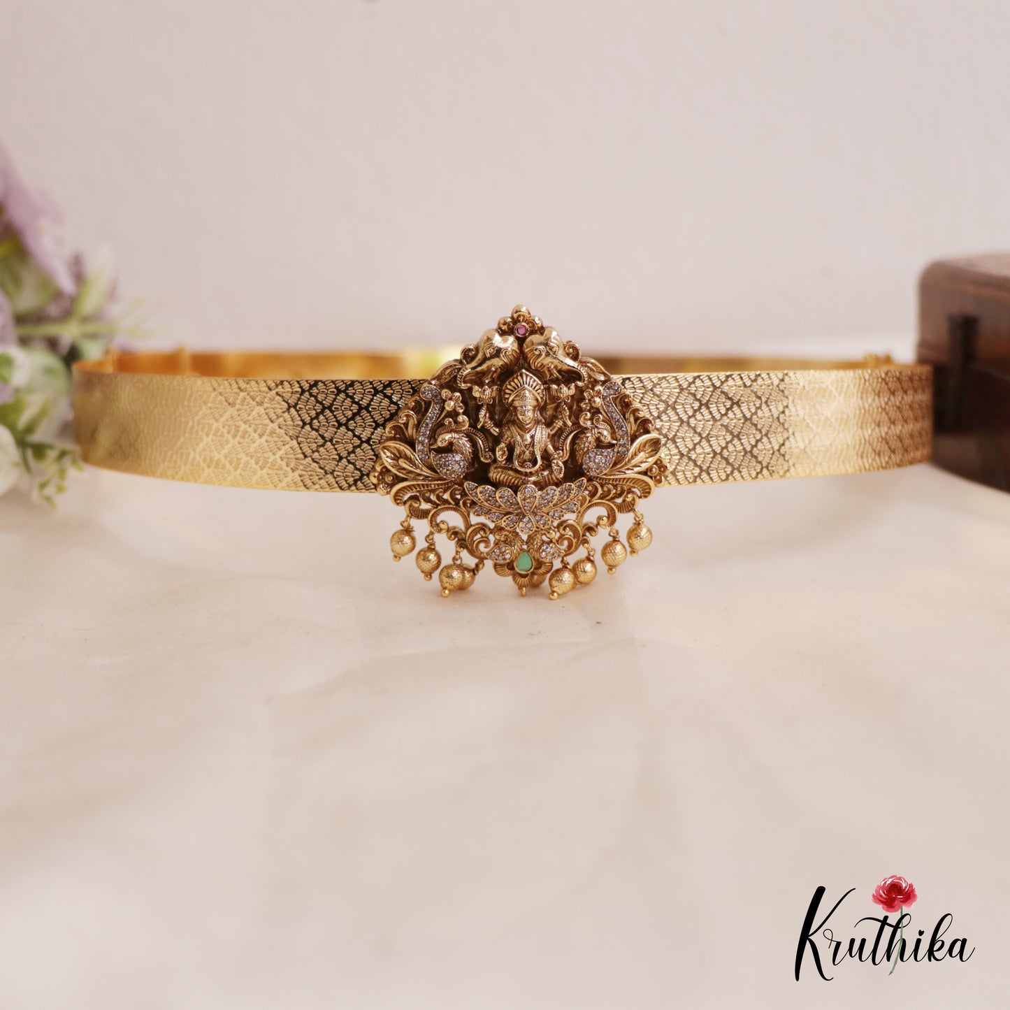 Sparkling Antique Nagas Lakshmi Peacock Motifs Hip Belt With Golden Bead Drops V325