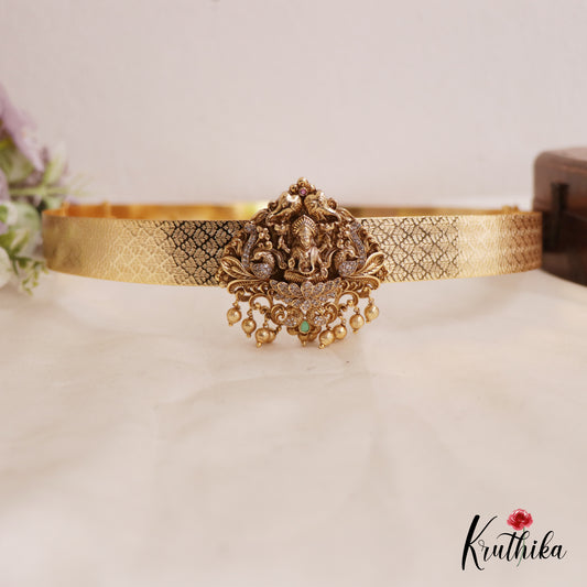 Sparkling Antique Nagas Lakshmi Peacock Motifs Hip Belt With Golden Bead Drops V325