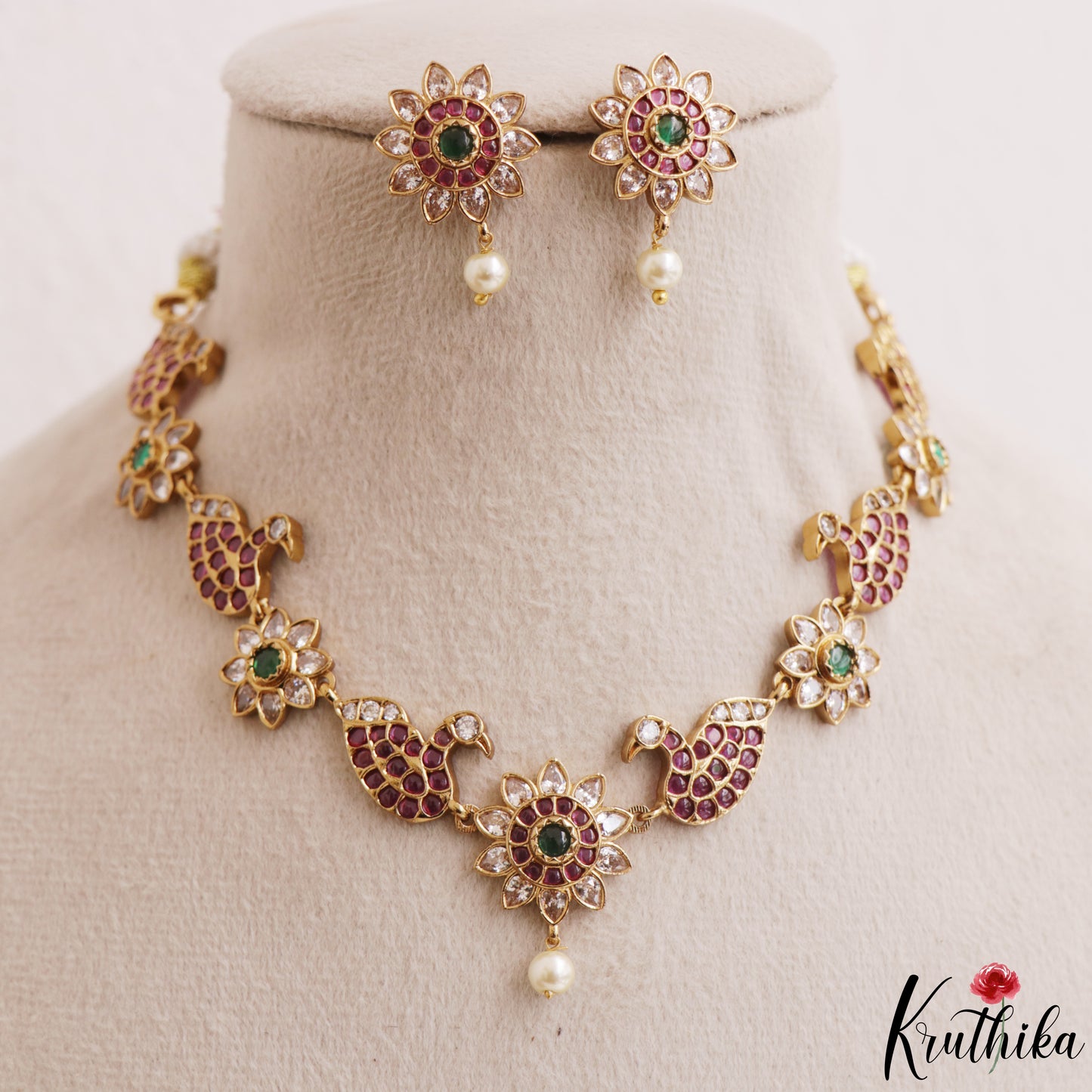 Elegant Peacock Floral Motifs Kemp Necklace With Pearl Drop NC3175