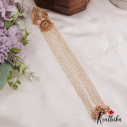 Gorgeous Peacock Floral Motifs Multi Pearl Strand Jada Billa With Golden Bead Drops J362
