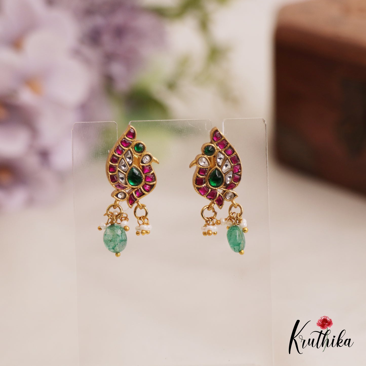 Trendy Peacock Motifs Kemp Stud Earrings With Green Bead Drops E964