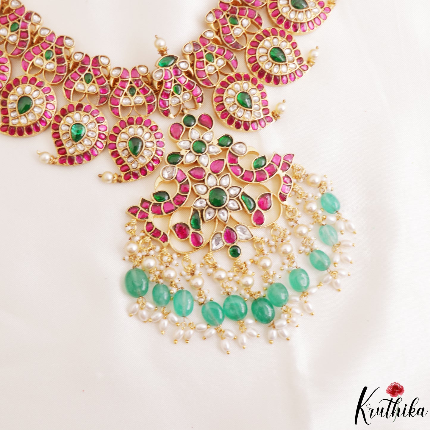 Premium Mango Peacock Motifs Jadau Necklace With Green Bead Drops NC3269