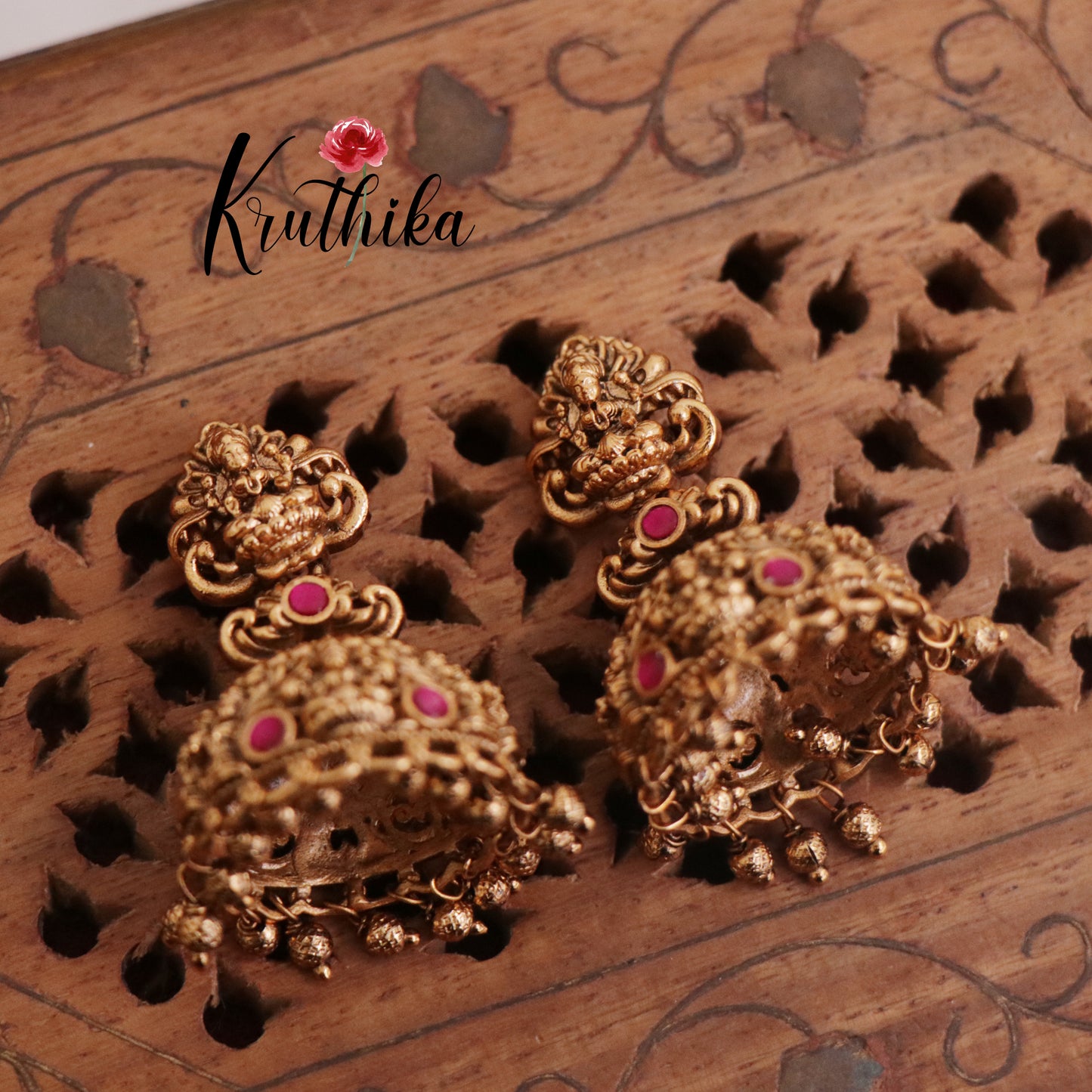 Elegant AD Lakshmi Jhumkas with Beads Drops E714 (Available in 2 Colours)