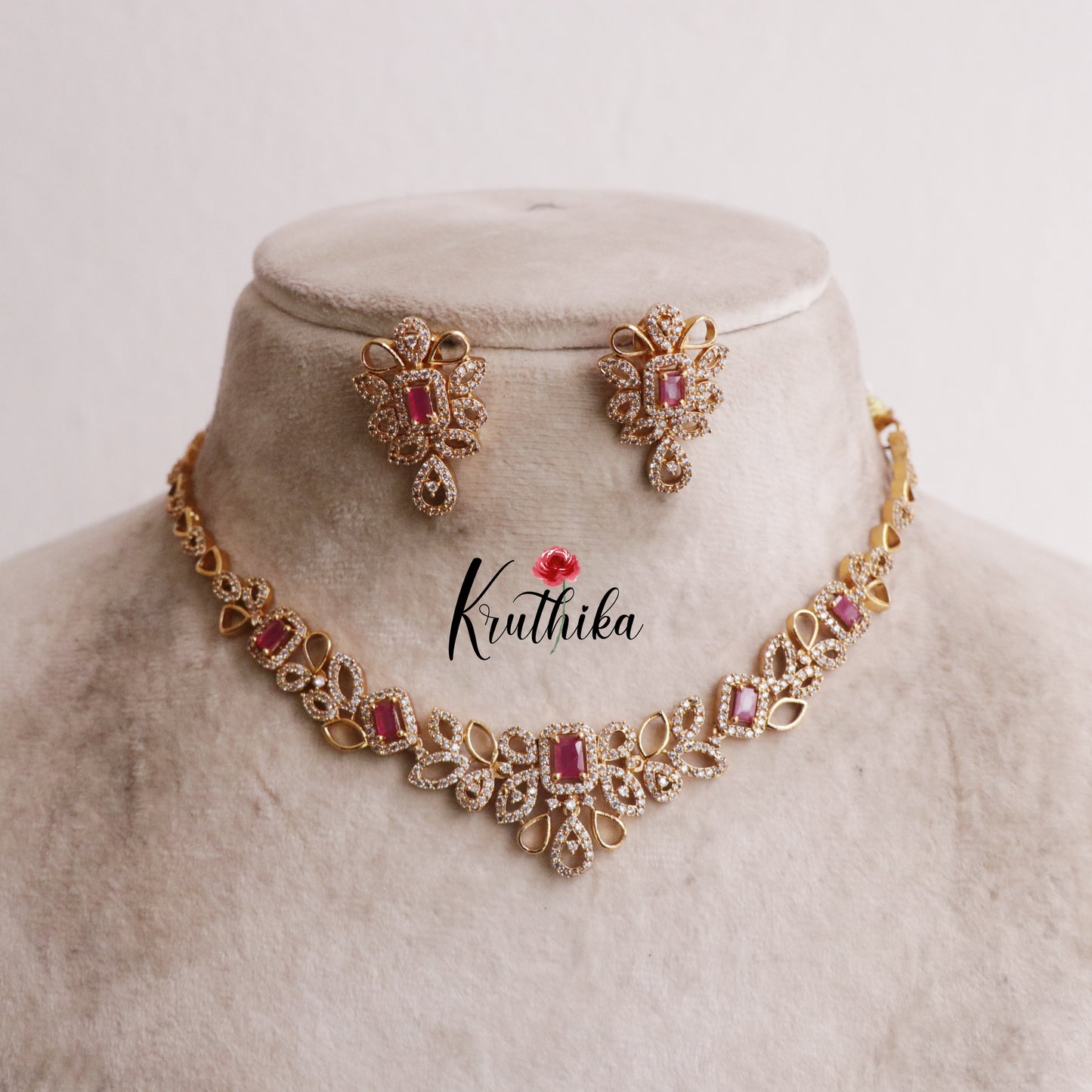 Beautiful CZ Floral Ruby and Leaf Motifs Necklace NC2125