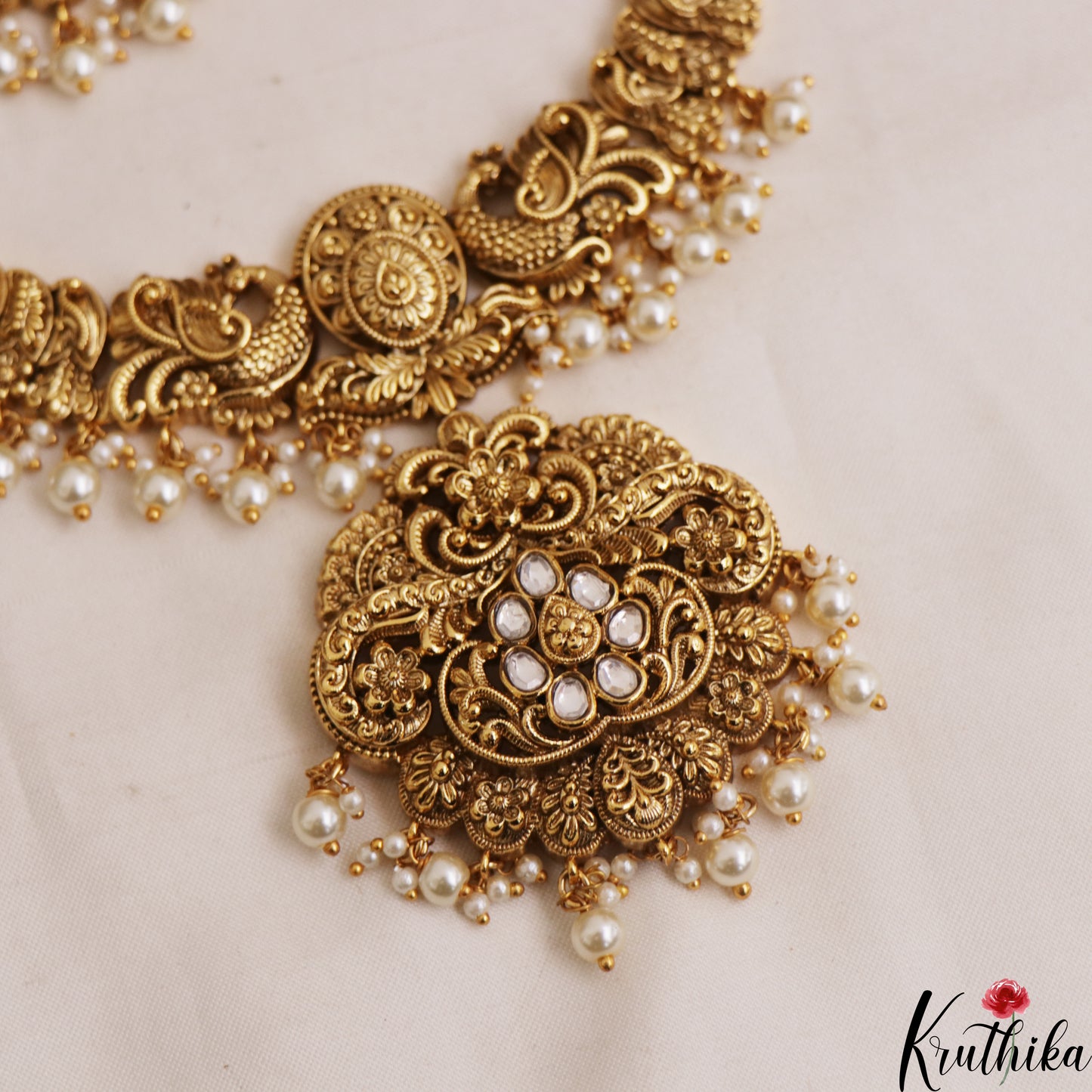 Premium Antique Floral Peacock Motifs Necklace With Pearl Drops NC2950