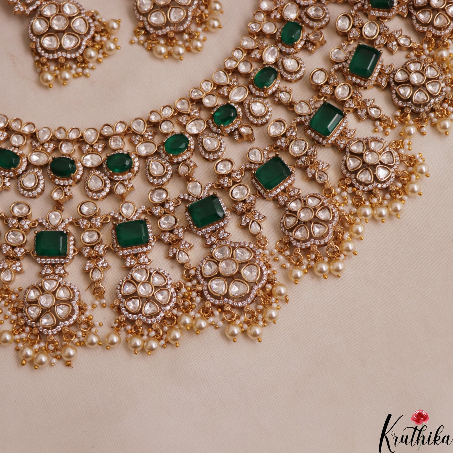 Grand Floral Motifs Polki Victorian Choker With Pearl Drops NC3019 (Available In 4 Colors)