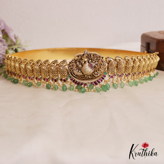 Stunning Antique Peacock Motif Hip Belt With Pearl And Bead Drops V324 (Available In 2 Colours)
