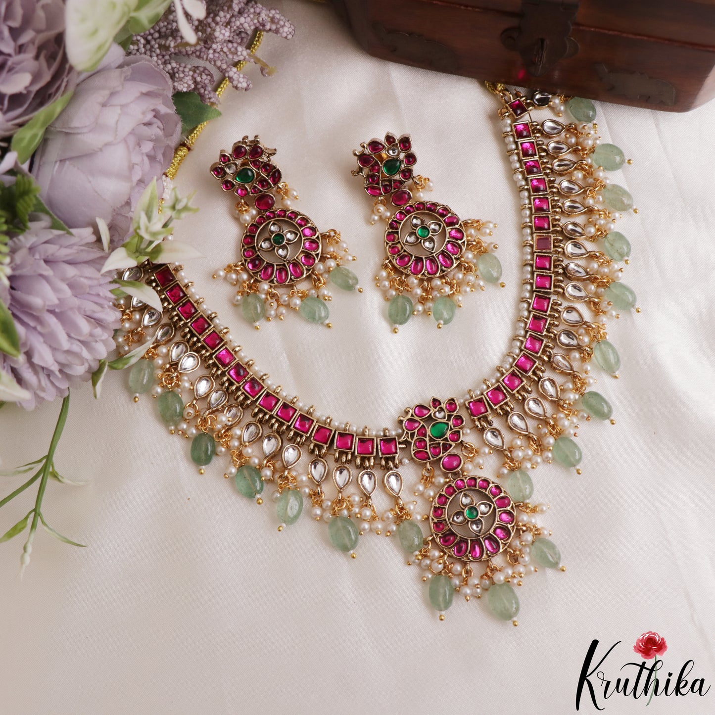 Classic Floral Peacock Motifs Jadau Choker With Green Bead Drops NC3147