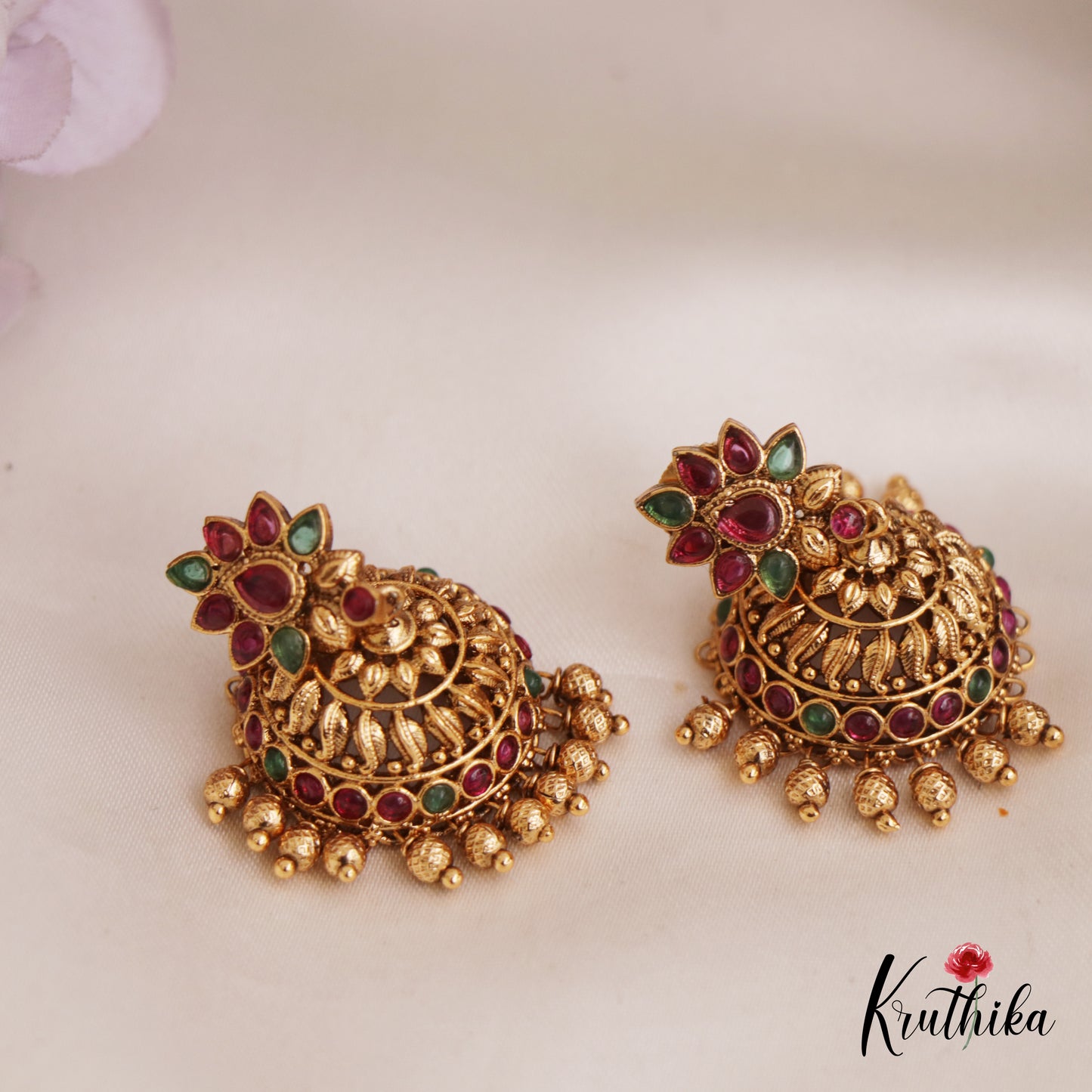 Elegant Antique Floral Motifs Jhumka With Golden Bead Drops E970 (Available In 2 Colors)