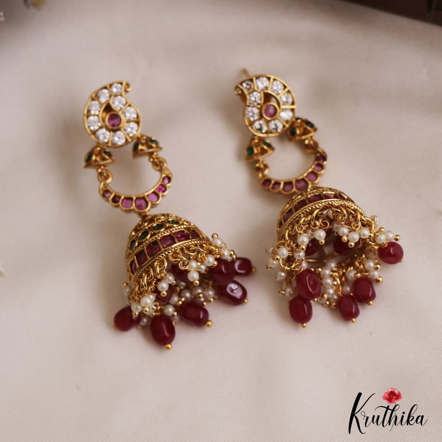 Beautiful Mango Motifs Kemp Jhumkas With Pearl Bead Drops E1104 (Available In 2 Colors)
