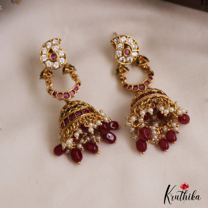 Beautiful Mango Motifs Kemp Jhumkas With Pearl Bead Drops E1104 (Available In 2 Colors)