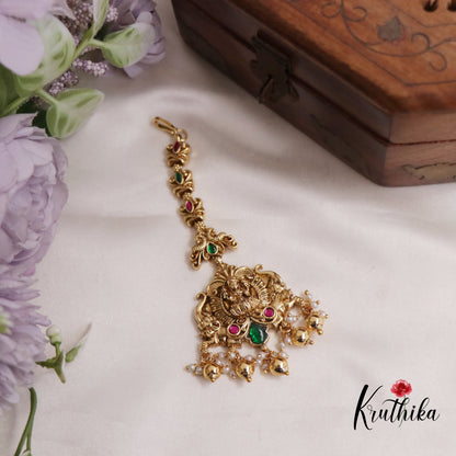 Gorgeous Jadau Antique Lakshmi Maang Tikka With Pearl Drops MT295 (Available In 2 Colours)