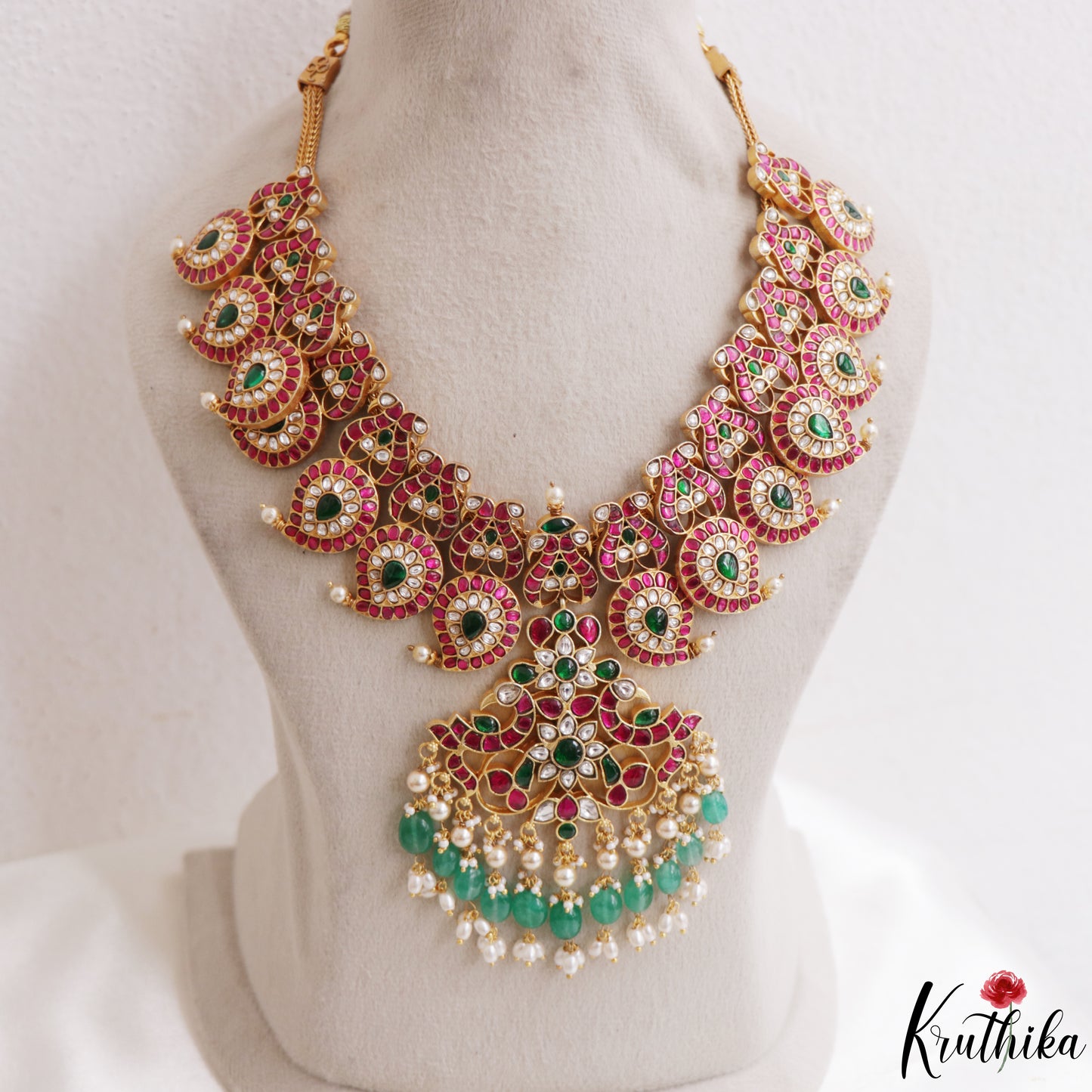 Premium Mango Peacock Motifs Jadau Necklace With Green Bead Drops NC3269